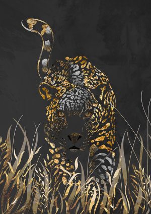 Black gold jaguar in grass