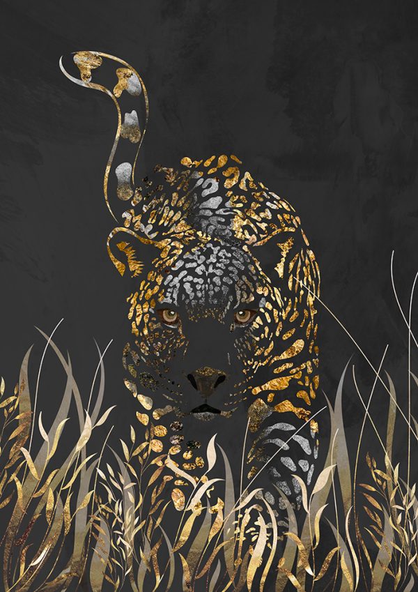 Black gold jaguar in grass