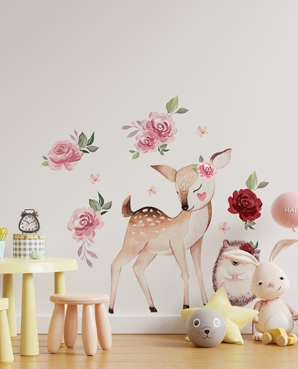 Cute deer and hedgehog and flowers